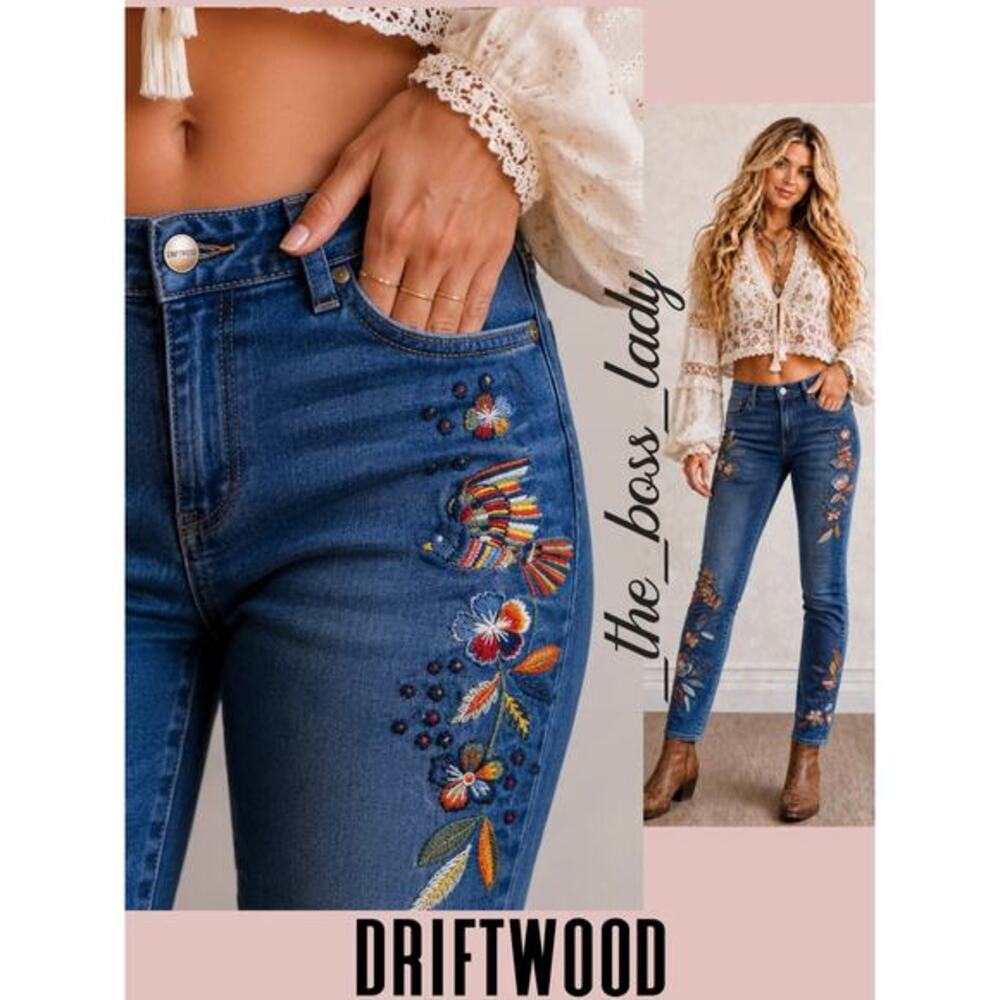 Driftwood x Free People skinny jeans floral embroidery denim pants boho 25